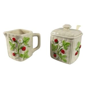 Vintage 1982 Otagiri Japan Strawberry Ceramic Creamer & Sugar Jar Set with Spoon